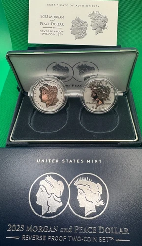 2025 S Two Coin Set. MORGAN AND PEACE REVERSE PROOF SILVER DOLLAR with OGP + COA