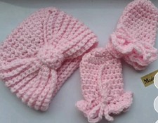 Handmade Crochet Pink Baby Turban And Matching Mittens Aged 0-3 Months