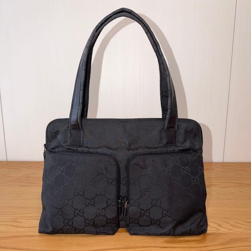 GUCCI GG Canvas Handbag Black Leather Zip Logo Silver Hardware From Japan