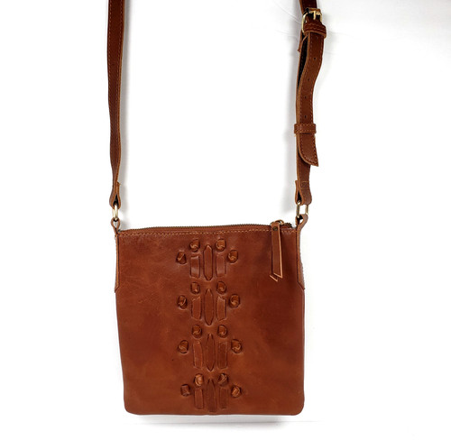 Noonday Collection Indus Brown Leather 9"x8" Design Purse Crossbody Shoulder Bag