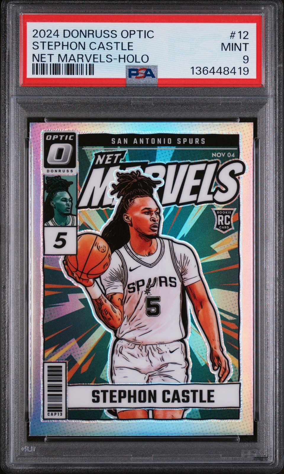 2024-25 Donruss Optic #12 Stephon Castle Net Marvels Holo PSA 9 Spurs RC ROY
