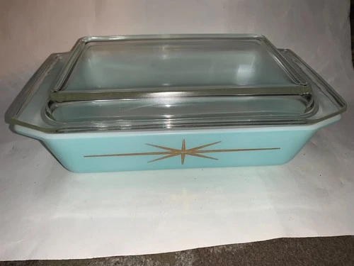 PYREX 1960s Atomic Starburst 575-B 2 QT Casserole Dish W/Lid Turquoise Gold RARE