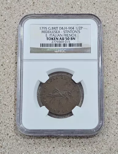 1795 Great Britain D&H 904 1/2 P Middlesex Stinton's Italian French Token NGC AU