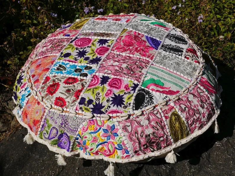 Patchwork 22" Round Cushion Pillow Cover Handmade Vintage Ethnic Boho Decorative - Image 4 of 4