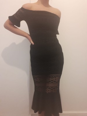 black bardot fishtail bodycon midi dress
