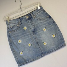 Coquette Mini Skirt Womens S Blue Floral Daisy Embroidered Denim Y2K Party