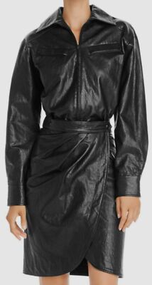 $420 ba&sh Women's Black Sophia Faux Leather Long Sleeve Collared Shirt Dress S