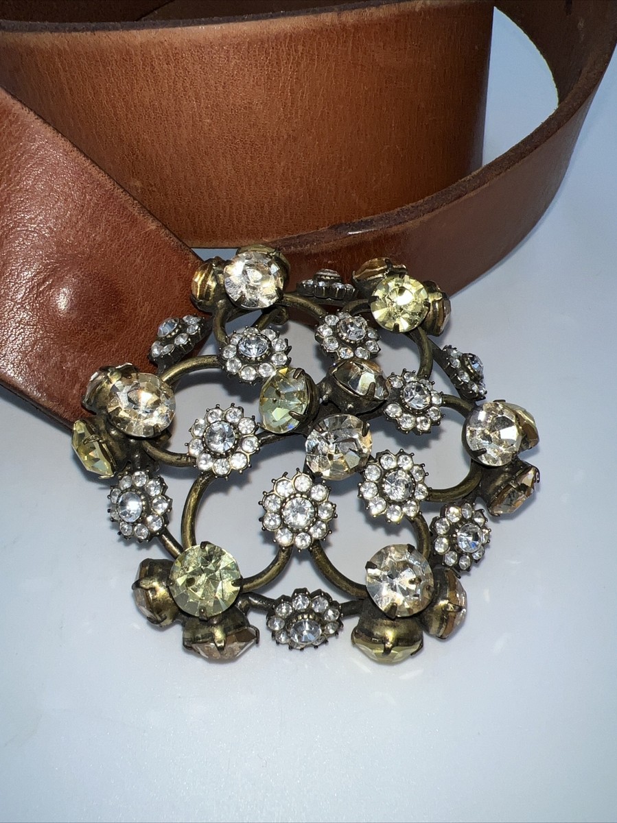 Lucky Brand Brown Leather Belt Flower Bejeweled Buckle 