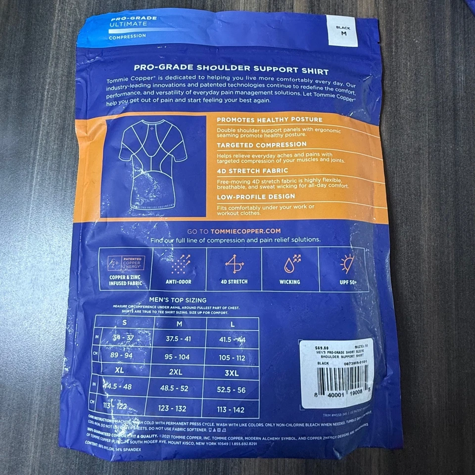 Tommie Copper Mens Shoulder Support Shirt Black Size M Compression Pain Relief - Image 3 of 3