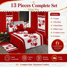 King 13-Piece Sheet Set Multicolor Floral  Garden Pattern w/ Curtains