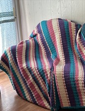 Oversized Handmade Crochet Afghan Blanket Throw 72 X 100 Pink Purple Turquoise