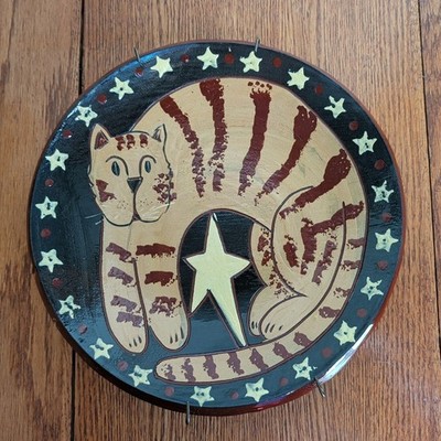 Eldreth Pottery Redware Plate Painted Pattern Cat Stars 1999 Signed 10.5'' Wide