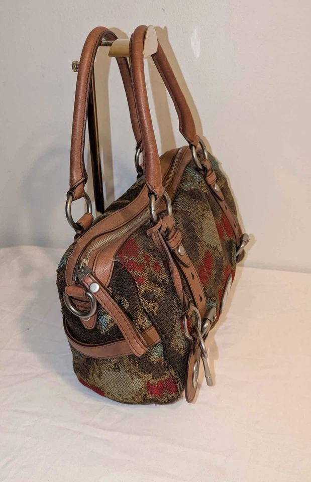 FOSSIL Vintage Maddox Tapestry Carpet Leather Handbag Satchel Purse Bag - Image 3 of 4