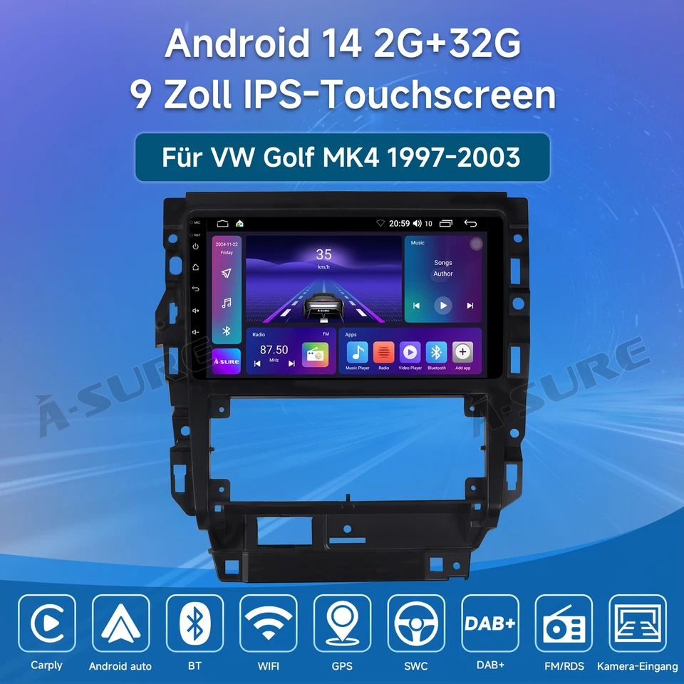 DAB+ 2+32G Android 14 Autoradio RDS FM BT Carplay GPS Navi für VW Bora Golf 4 1J - Bild 2 von 4