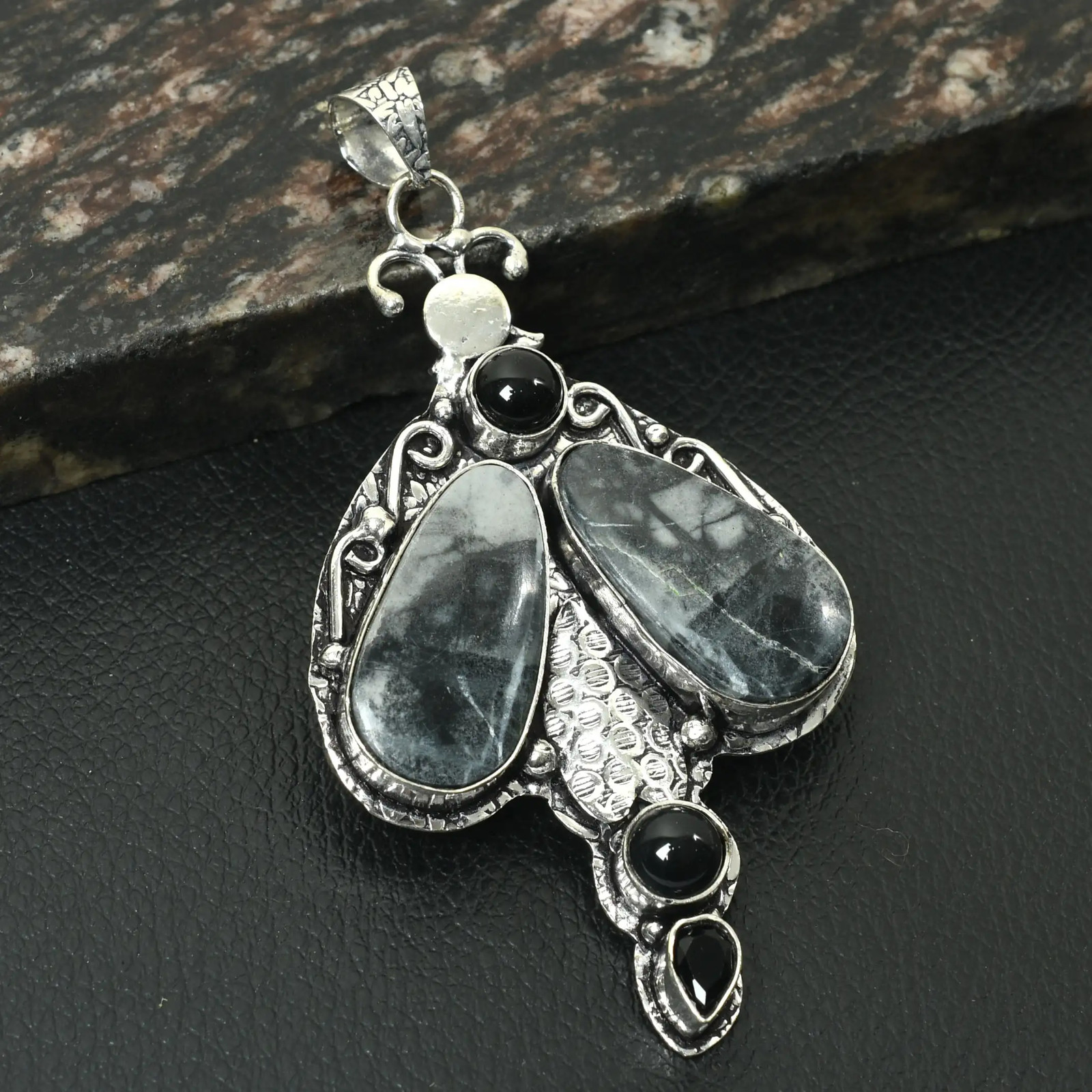 Picasso Jasper Black Onyx Gemstone Ethnic Handmade Pendant Jewelry 3.2