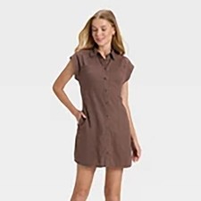Universal Thread Women's Short Sleeve Brown Button Down Mini Shirtdress Sz L-NWT