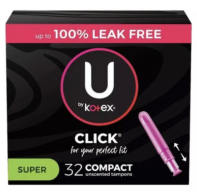 U Kotex Click Compact Tampons SUPER Absorbency Flexible fit Unscented - 32 count