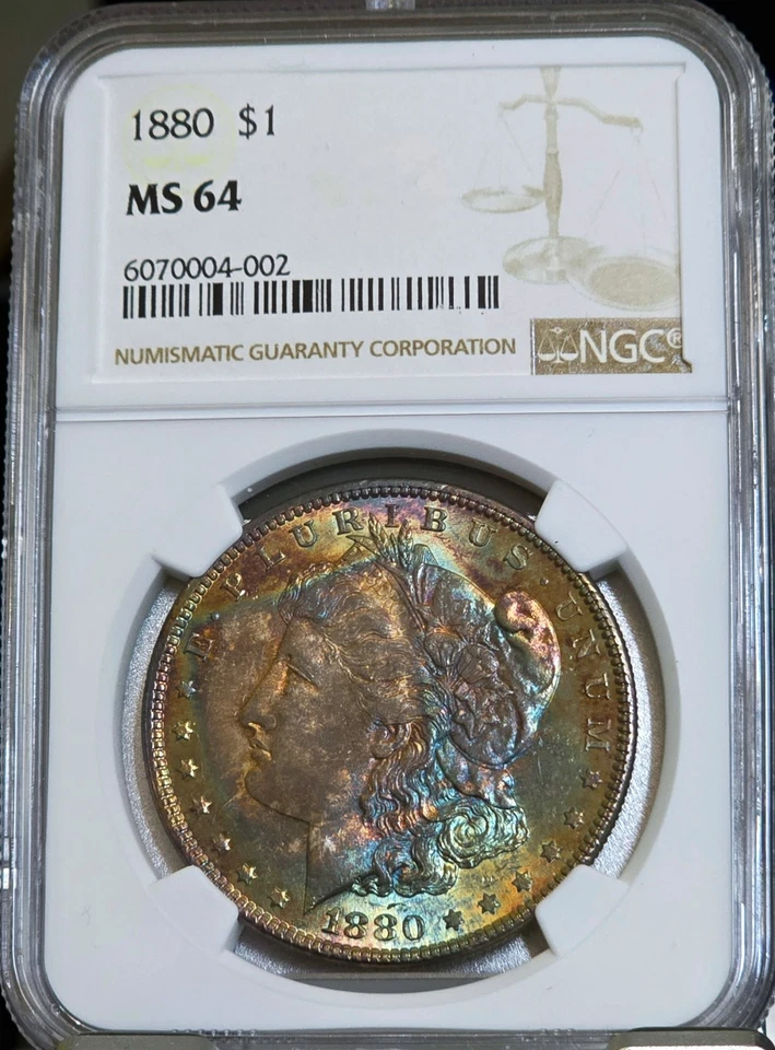 1880 Morgan Silver Dollar NGC MS64 Monster Rainbow End Roll Tab Toned Coin $1 PQ - Image 3 of 4