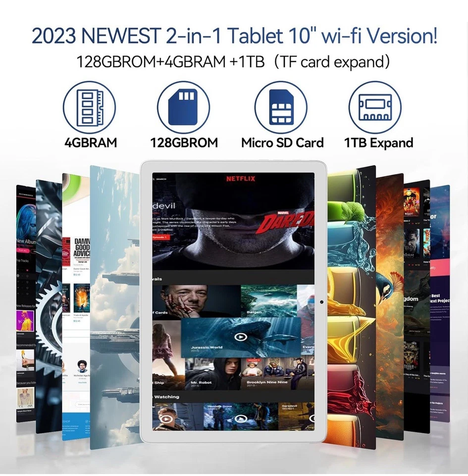 ZONKO 10.1" Android Tablet 128GB+1TB Octa-Core WiFi Bluetooth w/ Keyboard Silver - Image 2 of 4