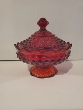 Vintage Fenton Hobnail Pattern Ruby Red Amberina Covered Glass Candy Dish 6.5" T