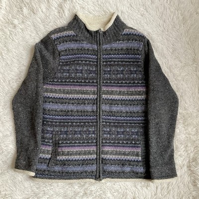 LL Bean Women's Large Jacket Sherpa Lined Lambs Wool Blend Mock Collar Striped