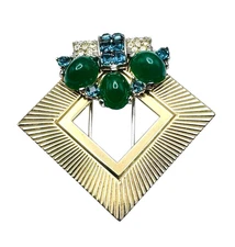Vintage Deco Boucher Ciro Green Cabochon Rhinestone Fur Dress Clip Brooch