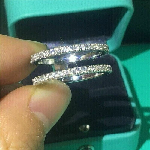 Double Row Moissanite Wedding Ring 925 Silver Eternity Band Size 7 Lab Diamond