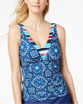24th  & Ocean Viva La Frida blue banded Tankini top size M AE48 