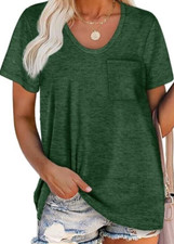 Women Summer T Shirts Green Short Sleeve Rounded V Neck Pocket Tee Top 3XL