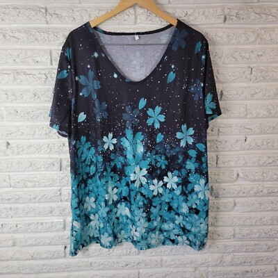 Womens Top 5XL Plus Tee Short Sleeve Blue Floral Cotton Blend Comfy Lightweight