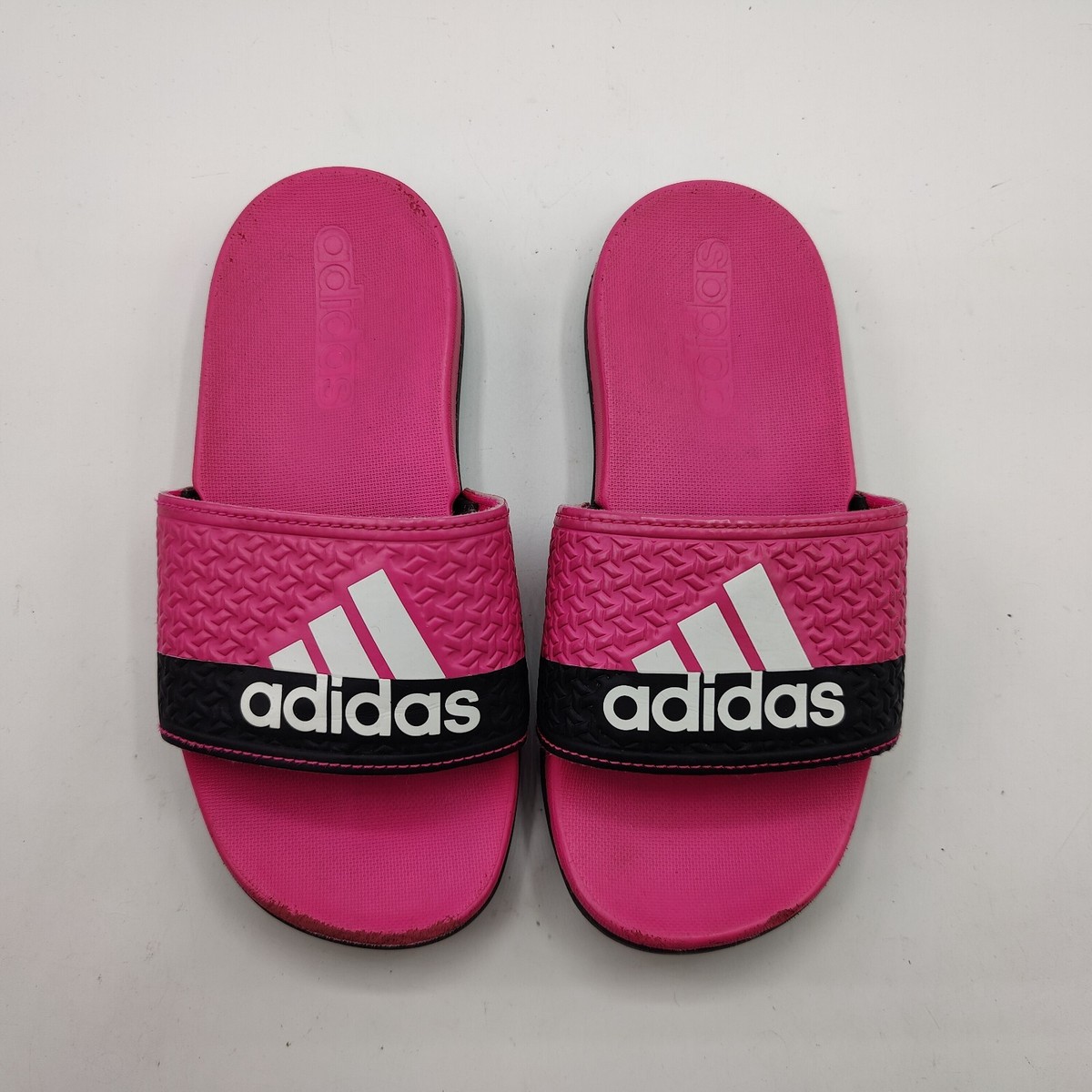 adidas Girls 11K Pink Black White Slides stripes