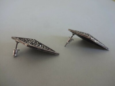 Boucles D'oreilles Clou Losange Marcassite Argenté - Bijou Fantaisie Femme - Occasion Bon état