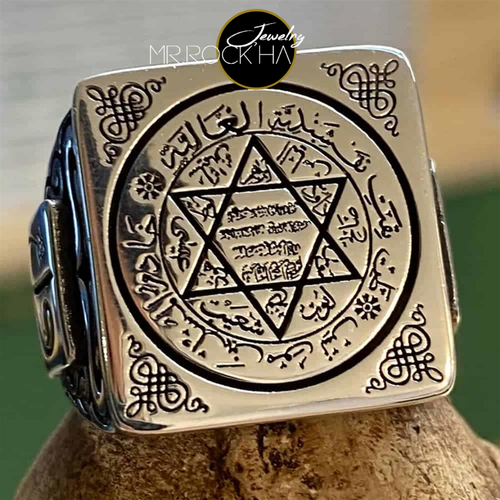 Seal of King Solomon,Square Case,Arabic Engraving,925 Sterling Silver Men's Ring - 第 1/10 張圖片