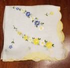 vintage embroidered blue yellow flowers floral sheer handkerchief hankie 10.5"