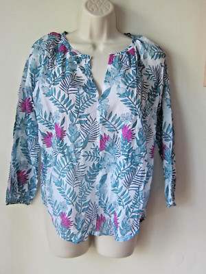 Roberta Roller Rabbit Light Cotton Tropical Print Top Blouse  Elastic Cuff XS