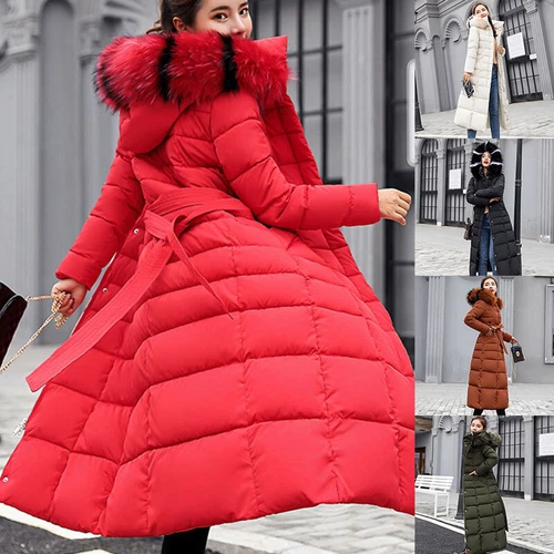 Damen Winter Warm Mantel Puffer Fellkragen Lang Stepp Parka Damen Kapuze Jacke - Bild 4 von 23