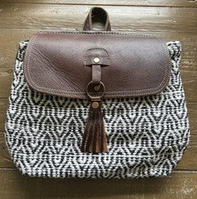 EUC MYRA Bag Brown Leather Flap Black White Rug Canvas Medium Backpack Tassel
