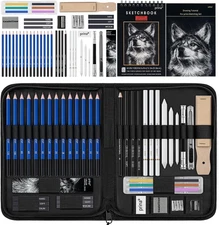 50 Pack Drawing Set Sketch Kit, Sketching Supplies with 3-Color Sketchbook, G...