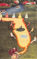 Cypress Gardens FL Florida Oranges Map Antebellum Bikini Girls Vtg Postcard D2