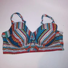 Cacique Swim Bikini Top 44DD Bandeau Tribal Stripe Red Blue White Colorful Light