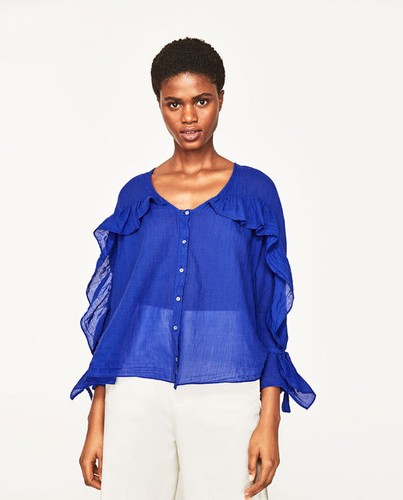 ZARA Ramie Bluse Langarm Rüschen & Schleife Rosa/Kobalt Neu (UVP 43€) Oberteil XS+; S+ - Bild 6 von 14