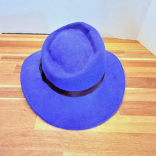Vintage Blue Wool Felt Wide Brim Hat Fedora Boho Retro