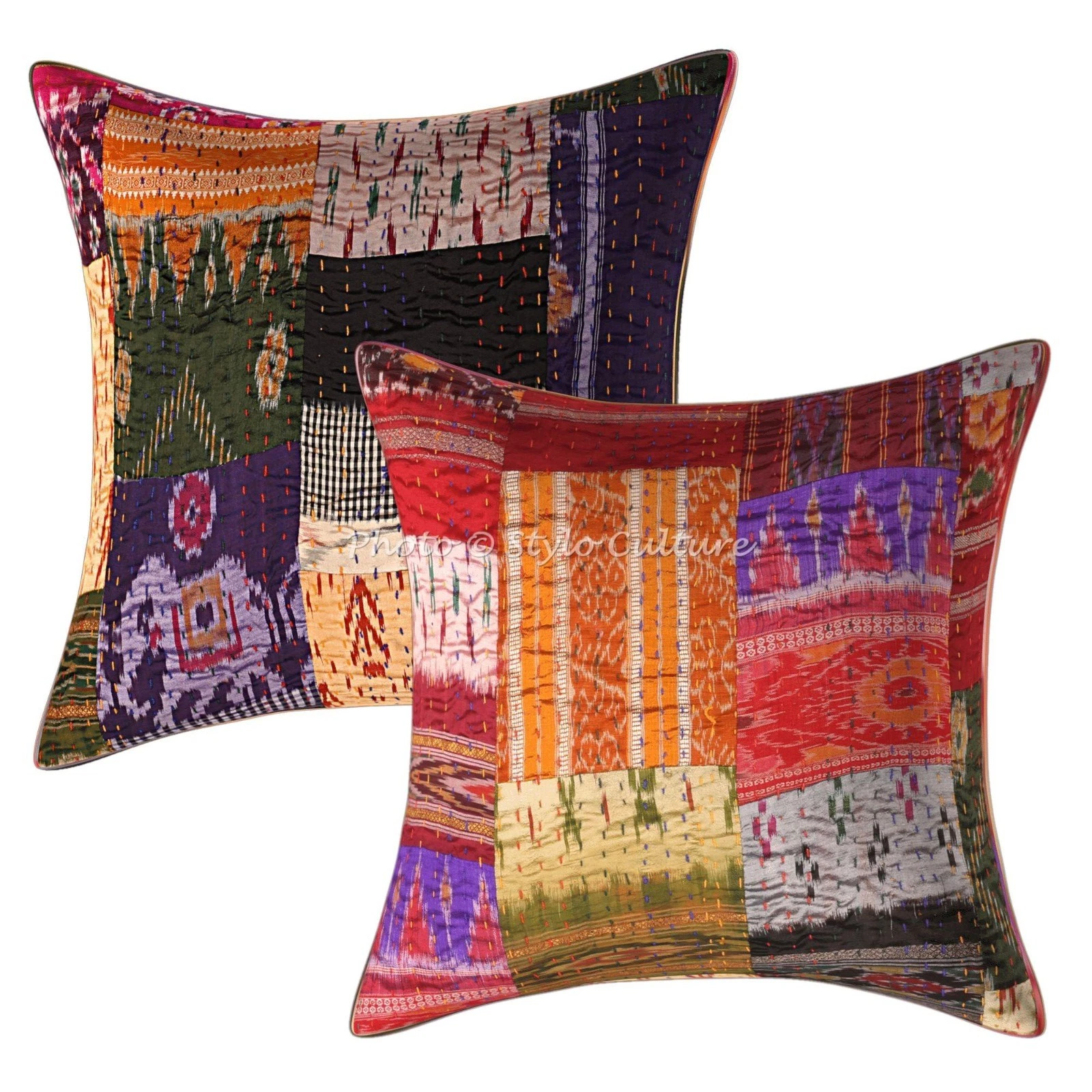 Ethnic Patola Silk Throw Pillow Covers Vintage Patchwork Floral Home Decor