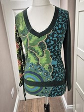 Desigual Top V- Neck Long Sleeve Uk12 Cotton Blend Abstract Floral Pattern