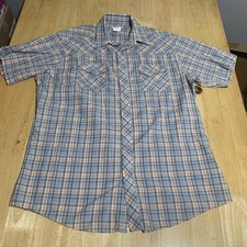 Wrangler Wrancher Pearl Snap Shirt Mens XL Short Sleeve Blue Plaid Pen Pocket