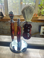 Badger Hair Shaving Brush Razor Set w/ Stand, Brown/Red/Gold Acrylic