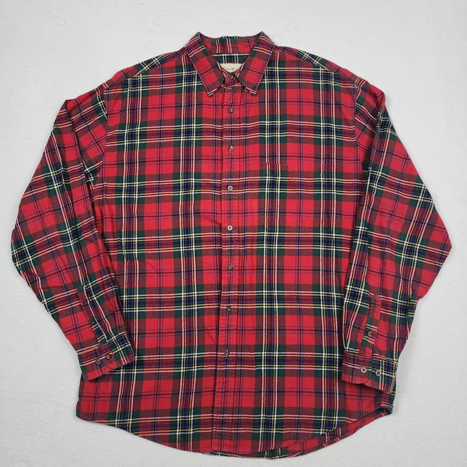 Vintage Eddie Bauer Shirt Mens XL Tall Red Plaid Flannel Button Up Outdoor