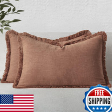 MIULEE Decorative Lumbar Throw Pillow Covers Neutral Linen Fringe Throw Pillows