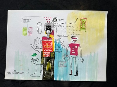 BASQUIAT drawing and painting on old paper signed stamped vintage