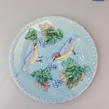 German Majolica Plate 7.75in Blue Raised Bird...